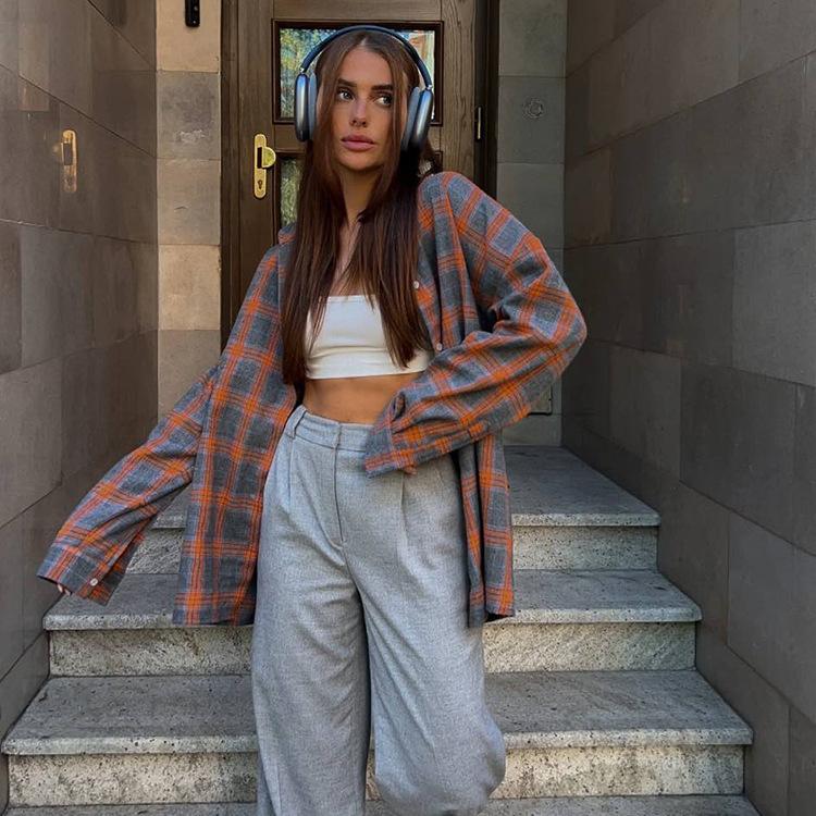 Retro Style All-Matching Lapel Loose Shirt 2025 Spring and Autumn Plaid Long Sleeve Pocket Women's Shirt