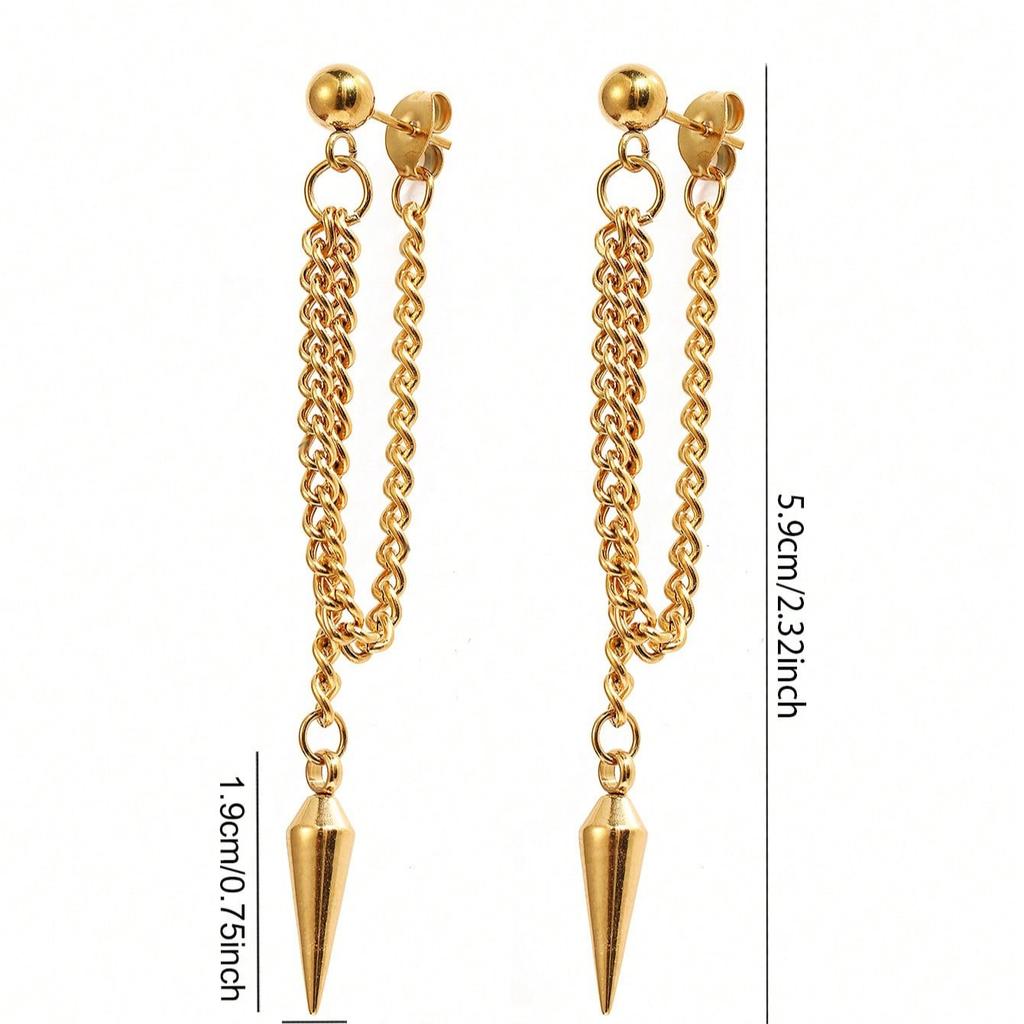2pcs Minimalist Punk Style Stainless Steel Pointed Pendant Tassel Earrings, Suitable For Daily Wear