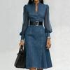 Women's Denim Collar V Neck Mesh Long Sleeve Blouson Dress