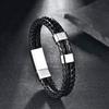 Stainless Steel Engraved Name Bracelet Men Minimalist Double Layer Leather Woven Black Adjustable