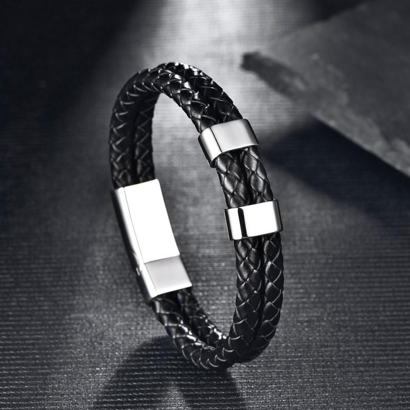 Stainless Steel Engraved Name Bracelet Men Minimalist Double Layer Leather Woven Black Adjustable