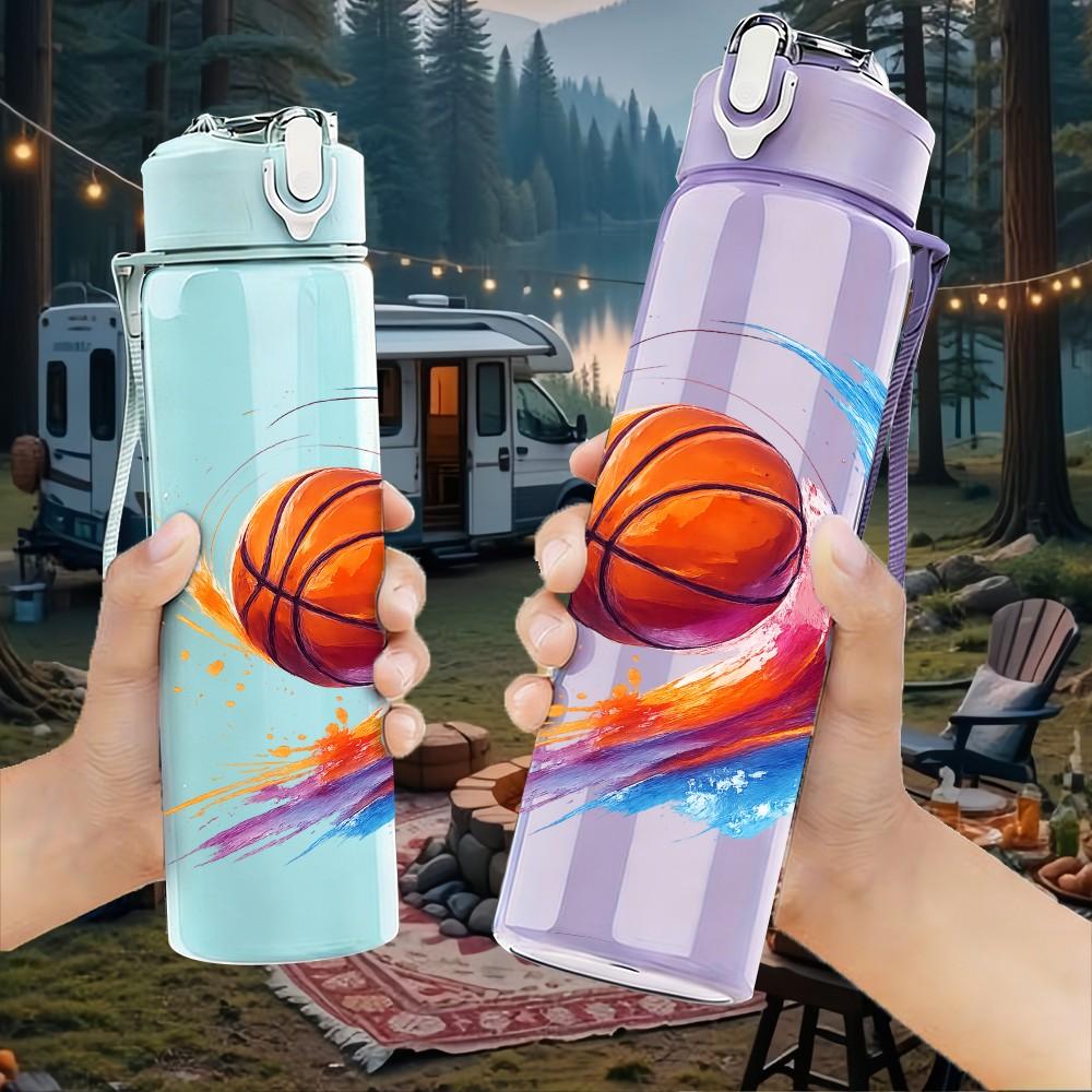 1PC Flame Basketball Pattern 750ml Color Plastic Sports Water Bottle Leakproof Flip Straw Lid Suitable for Sports Office Home Use