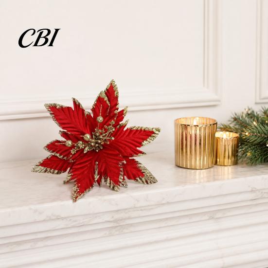 Velvet Poinsettia Decorations Artificial Flowers, Handmade Bead Cluster Christmas with Gold Glitter Fabric Decorative Flower Picks Petals, Reusable