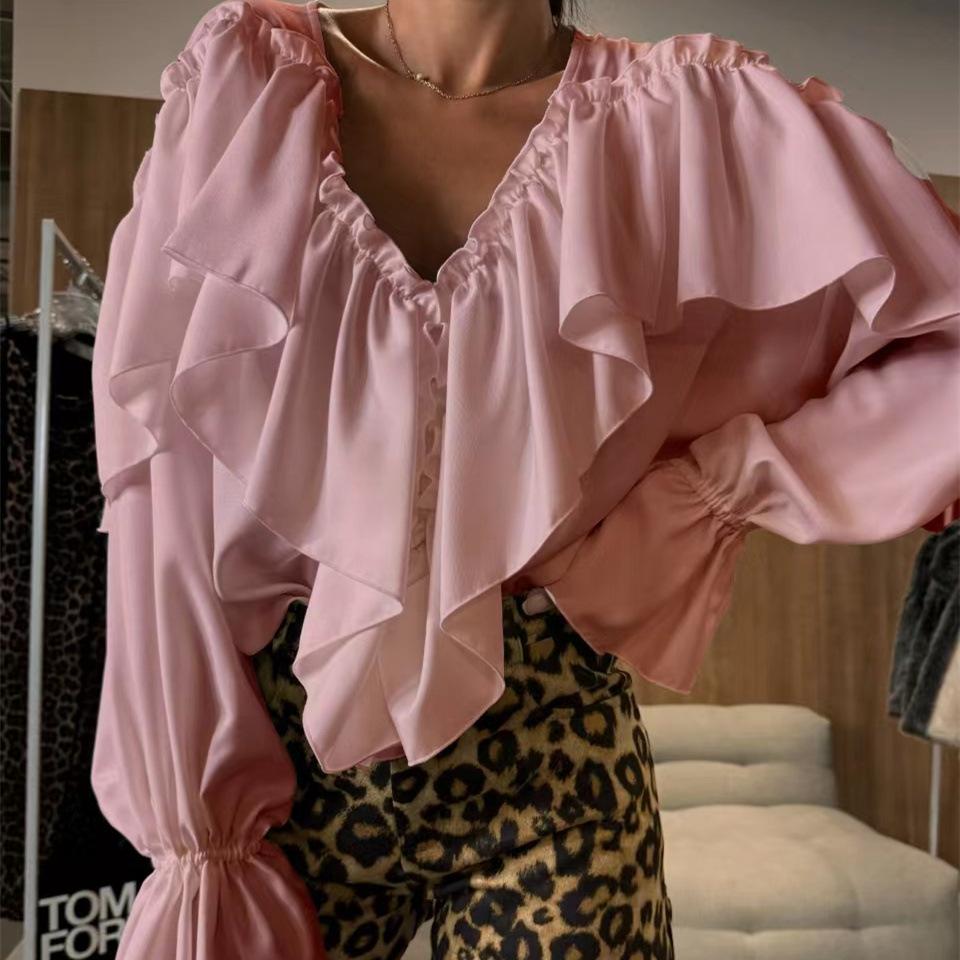 

GMXIA Осенний дизайн Sense V-образный вырез длинный рукав однотонная блузка женская L розовый