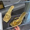 Mode SUOJIALUN 2025 Sommer Dünner Hoher Absatz Damen Slipper Mode Schmaler Riemen Slipper Damen Flip Flop Outdoor Kleid Sandale Pantoletten Schuh