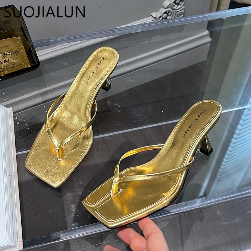 Mode SUOJIALUN 2025 Sommer Dünner Hoher Absatz Damen Slipper Mode Schmaler Riemen Slipper Damen Flip Flop Outdoor Kleid Sandale Pantoletten Schuh