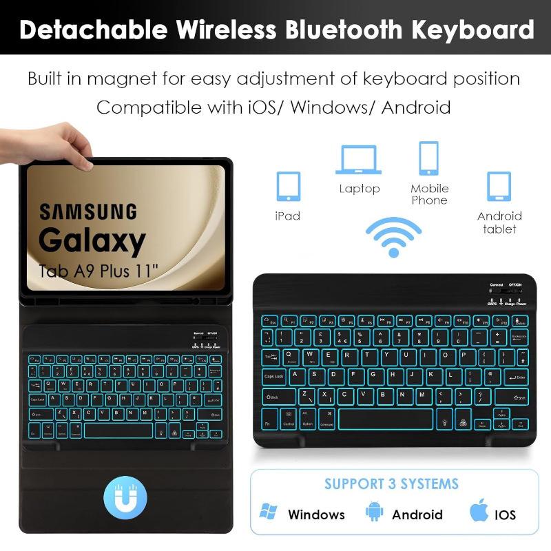 Samsung Tablet Tab A9 Plus Leather Case with Backlit Bluetooth Keyboard and S11 Pen Slot