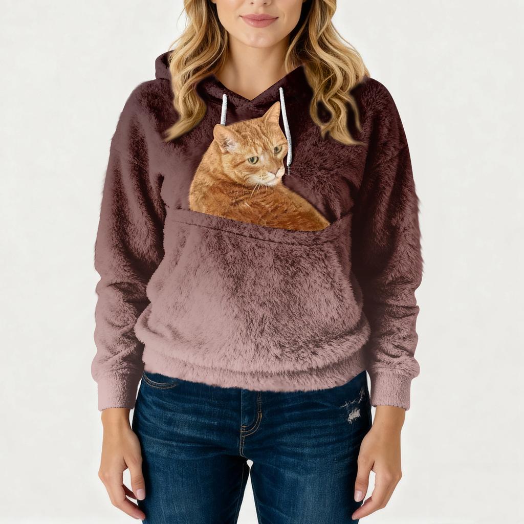 Damen Modisches Lässiges Fleecegefüttertes Langarm-Taschen-Kapuzen-Sweatshirt mit Aufdruck