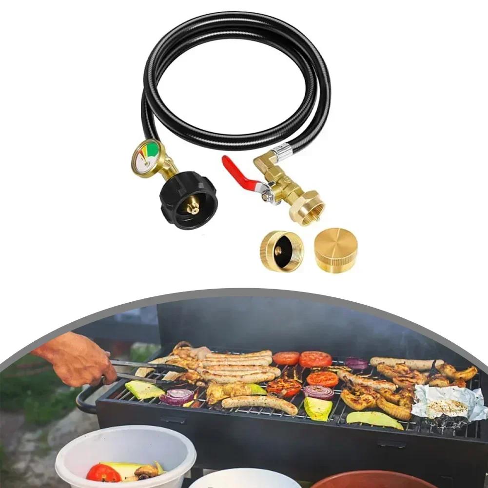 Propane Adapter Hose 3FT with Control Valve and Pressure Gauge for Connecting Large Tanks and 1 lb Bottles Two
