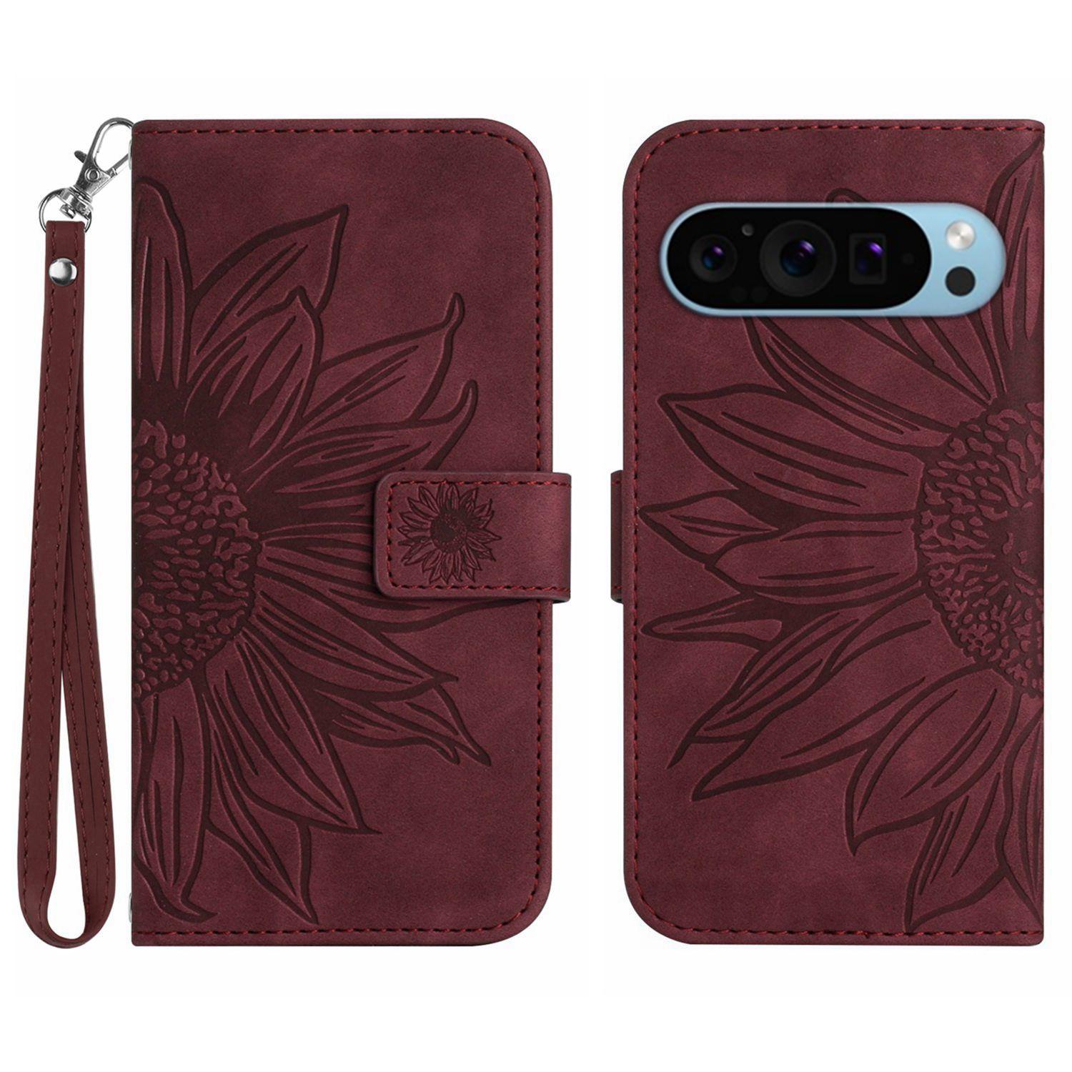 

HT04 For Google Pixel 9 Pro XL Sunflower Case with Strap Wallet Leather Phone Cover Wine Red
