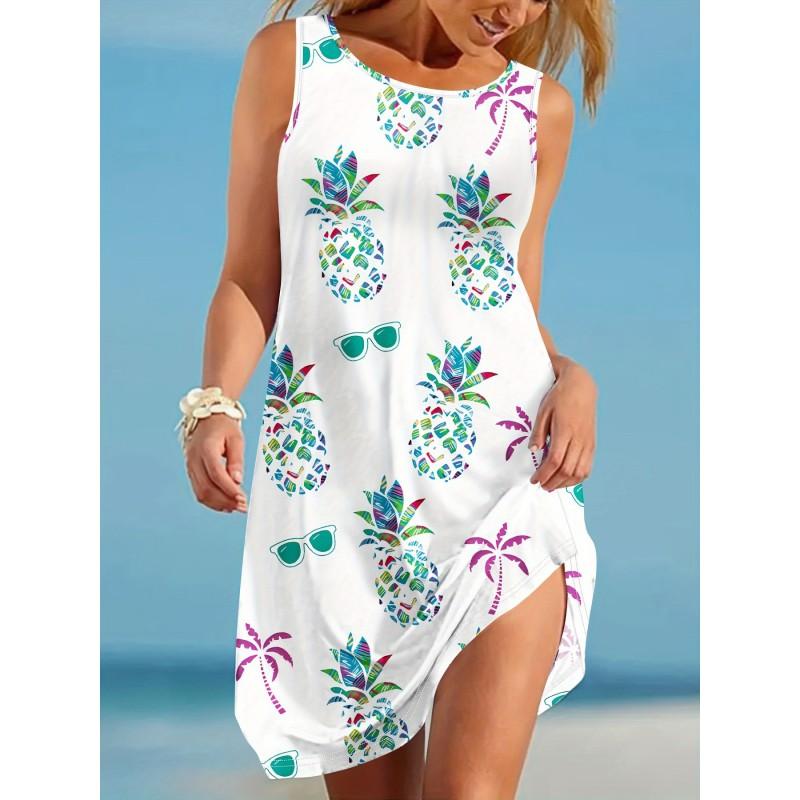 Womens 3D Pineapple Print Sleeveless Round Neck Midi Dress Casual Comfortable Style