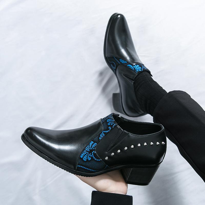 Large size business dress high-heeled leather shoes 2025 spring and autumn new men's thick heel heightened leather shoes pointed leather shoes