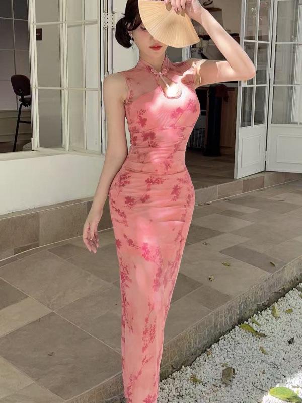 Guofeng 9733 New Chinese Style Floral Mesh Qipao Dress
