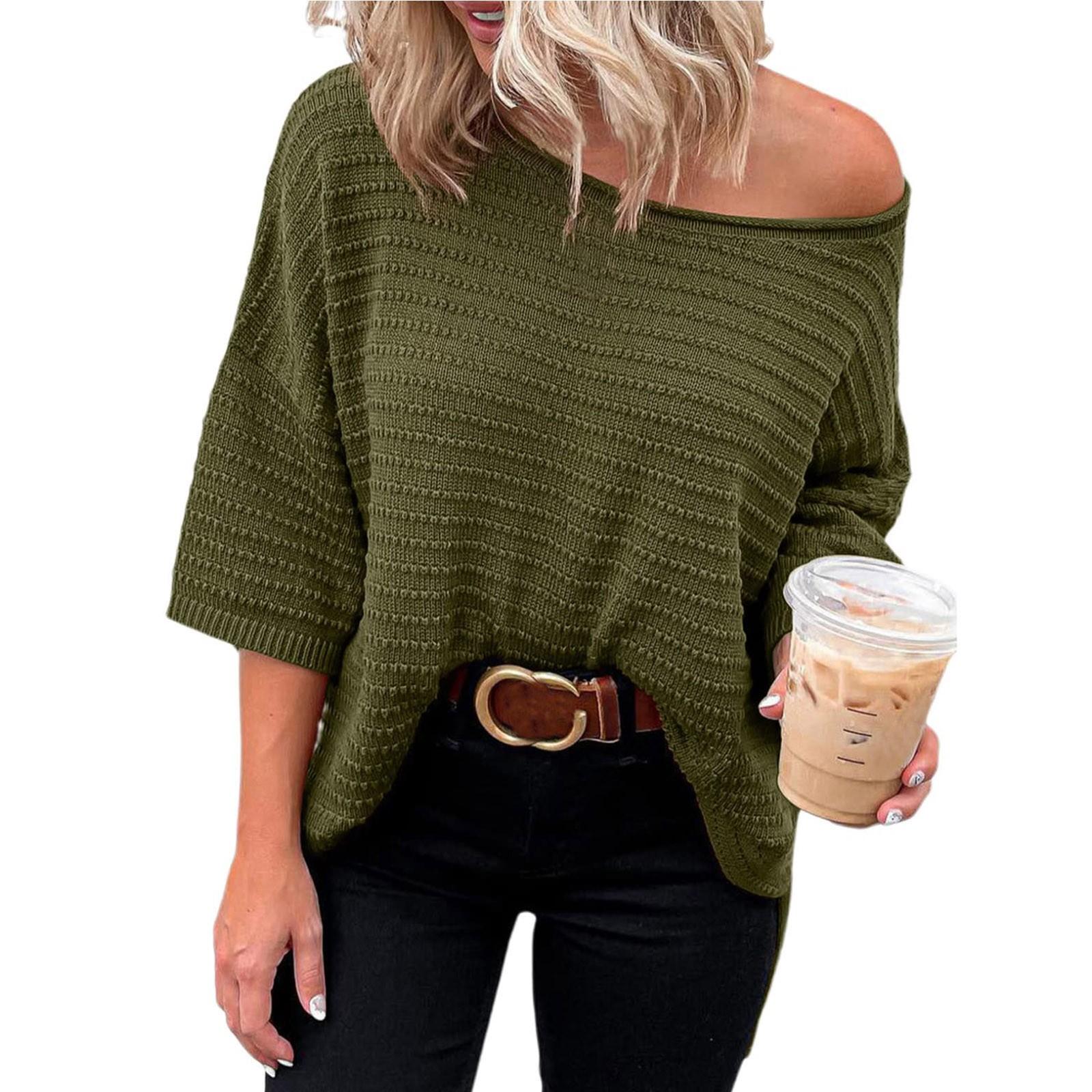 

Жіночий модний светр Однотонний вільний в’язаний светр із відкритими плечима з круглим вирізом M