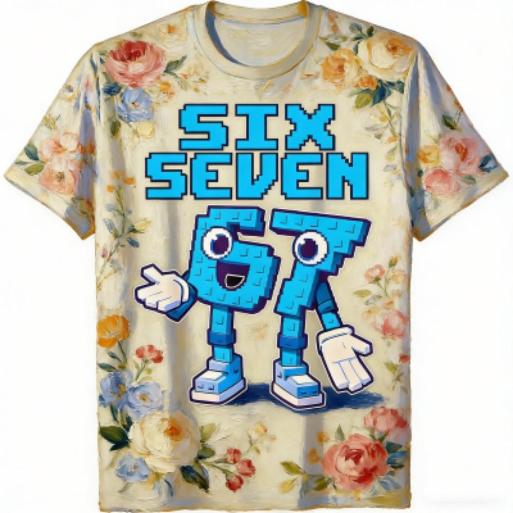Modisches Herren-T-Shirt 67 Six Seven Blumenstreifen-Print Herren- und Damen-T-Shirts Top Sommer Kurzarm Rundhalsausschnitt Lässig Outdoor Herrenbekleidung