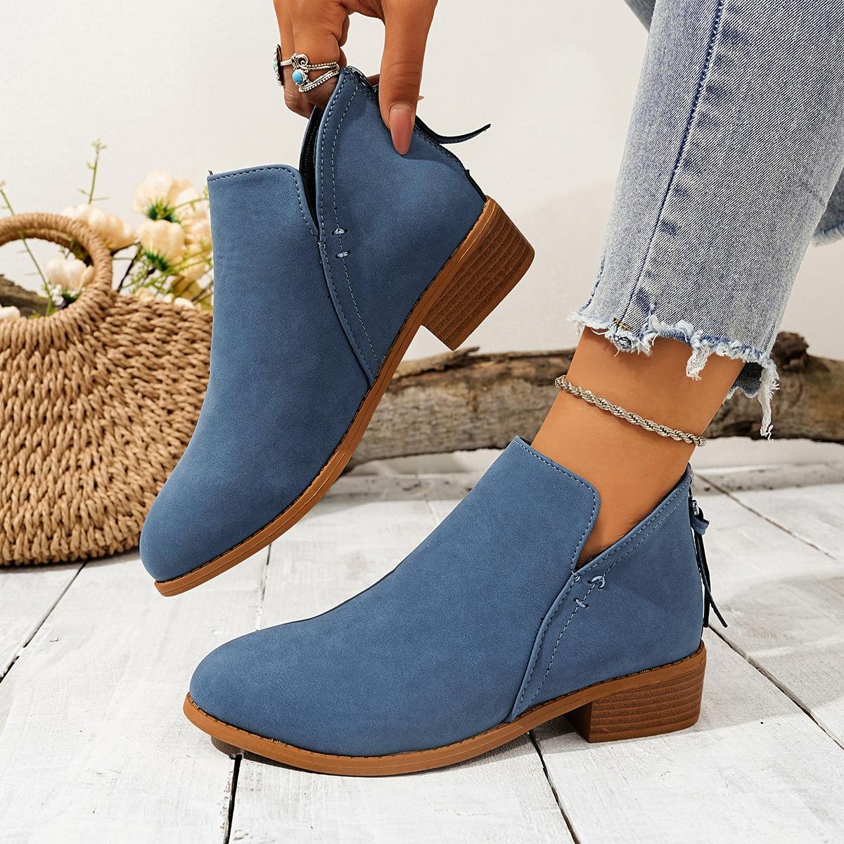 

2025 европейские и американские осенне-зимние новые модели, замшевые ботинки Мартин большого размера для внешней торговли, женские ботильоны на толстом каблуке с задней молнией 43 синий