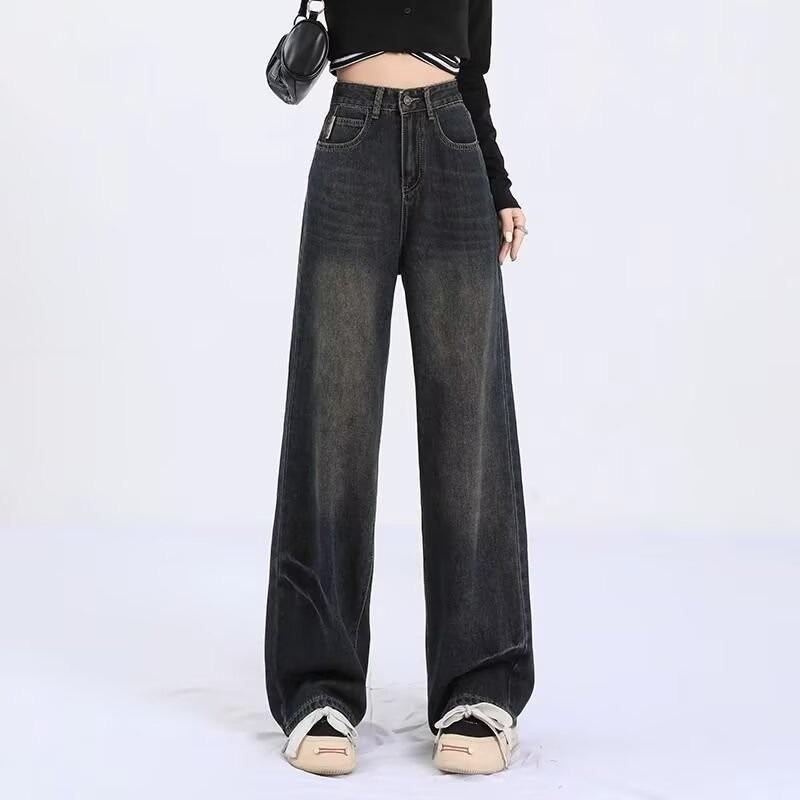 Dark Wash Wide-Leg Jeans for Women - American Retro Plus Size Flared Trousers