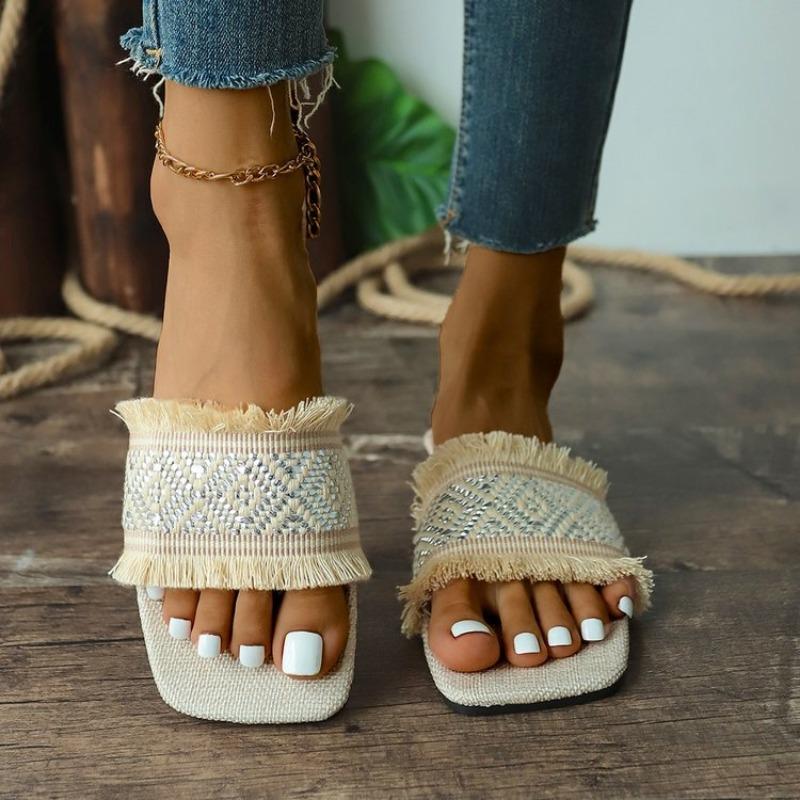 Large size fringed slippers women's summer new square head flat bottom one word casual cool slippers women