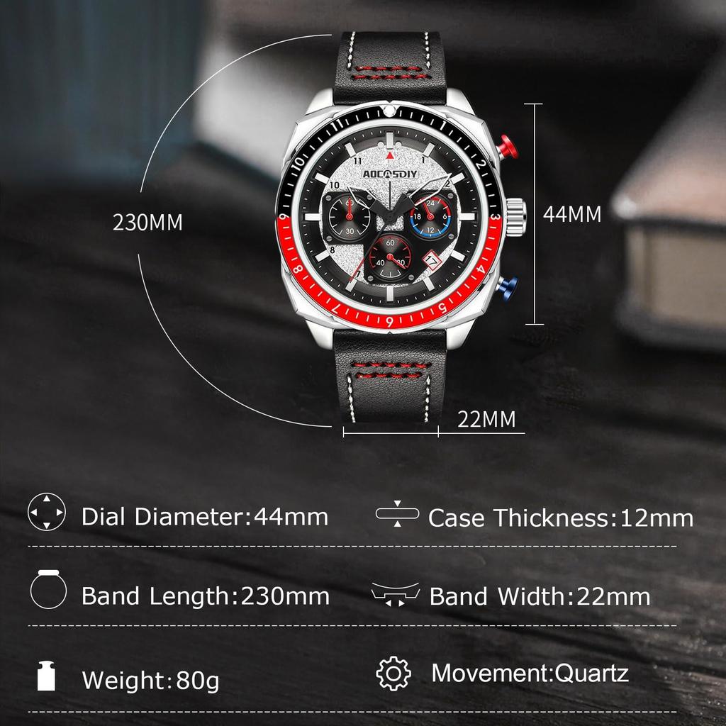 Relógio Cronógrafo Analógico RORIOS com Data À Prova d'Água Quartzo Luminoso Couro Genuíno Popular Relógio Militar para Negócios ou Casual Branco Masculino