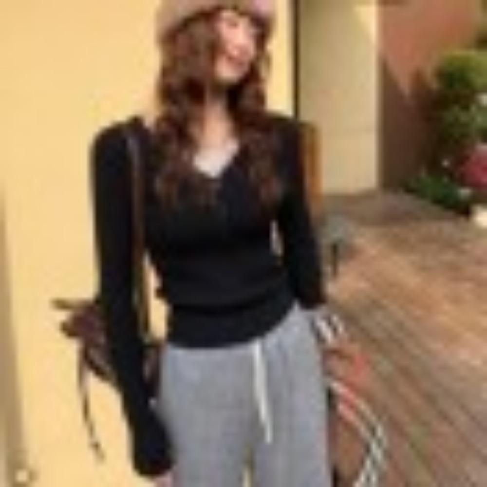 

Базовый слой из чистого кружева с V-образным вырезом для женской осени, свитер с длинными рукавами, в сочетании с облегающим топом one size чёрный