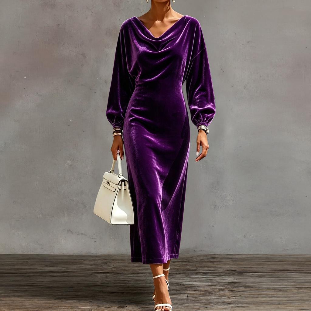 Women's Velvet Cowl Neck Sleeve Long Dress with Side Slit