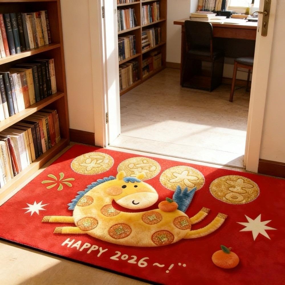 Cartoon Horse Floor Mat Blessing Words Soft 2026 New Year Anti Slip Mat Convenient Lucky Pony Door Mat Door Entrance
