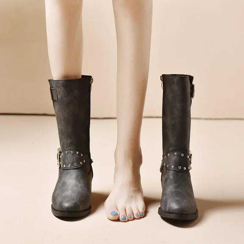 Módní boty s přezkou do půli lýtek pro ženy Západní kovbojské boty na silném podpatku PU kůže Punk gotické boty Moto boty 2024