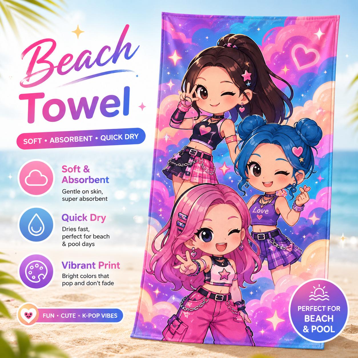 K-Pop Idol Girls Flat Print Beach Towel Pink Anime Chibi Pop Star Bath Towel Quick Dry for Kids Girls Pool Summer Travel 40X60CM