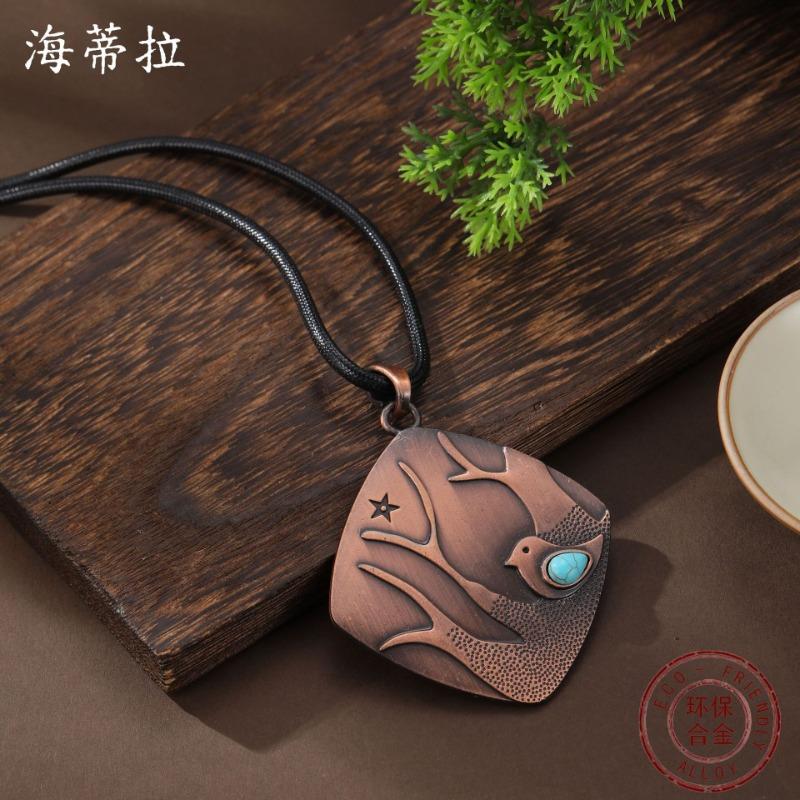 New Square Bird Turquoise Inlaid Leather Rope Pendant Women's Creative Bohemian Bird Branch Necklace