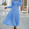 Women O Neck Puff Sleeve Solid Color High Waist Temperament Midi Swing Dress