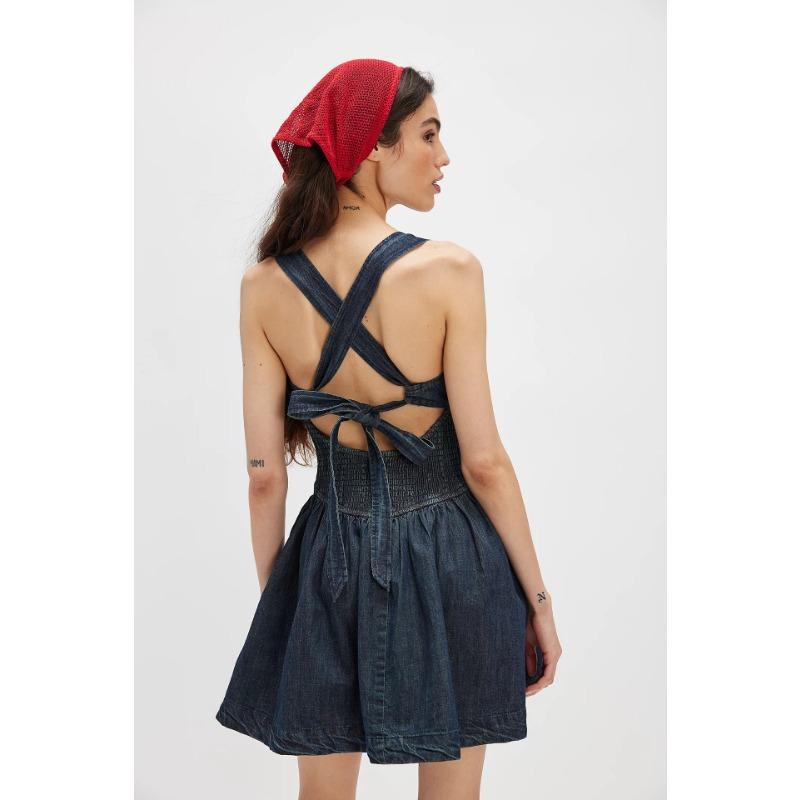 Solid Color Backless High Waist Fitted Denim Short Dress For Women