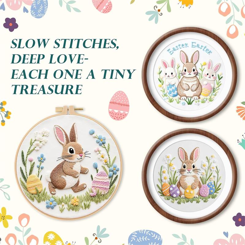 Easter Embroidery Kit for Beginners, DIY Hand Embroidery Set with Bunny Egg Floral Patterns, Including Hoop Thread Needles, Easter Craft Sewing Gift