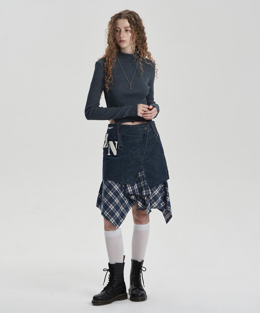 Jenyujeu Layers Corduroy Check Skirt - Navy
