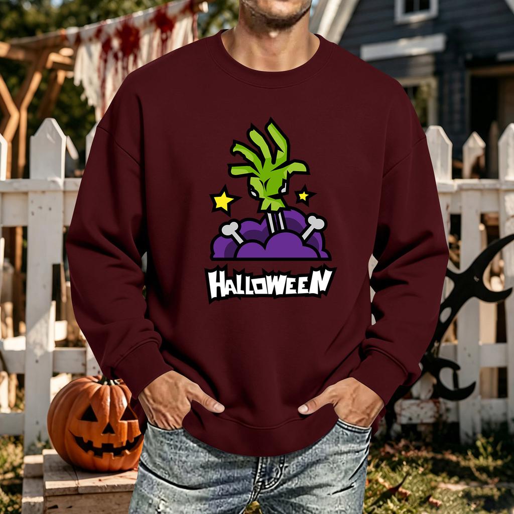 Men's Halloween Printed Long Sleeve T-Shirt Unisex Crewneck Casual Sports Top