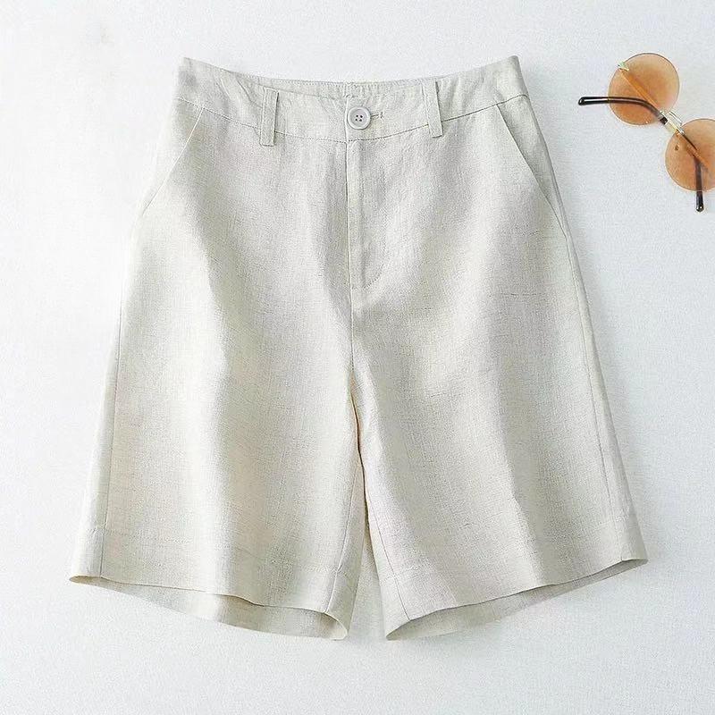 Pantalones cortos de algodón y lino para mujer, de verano, de cintura alta, informales, de pierna ancha, de lino, rectos y combinables.