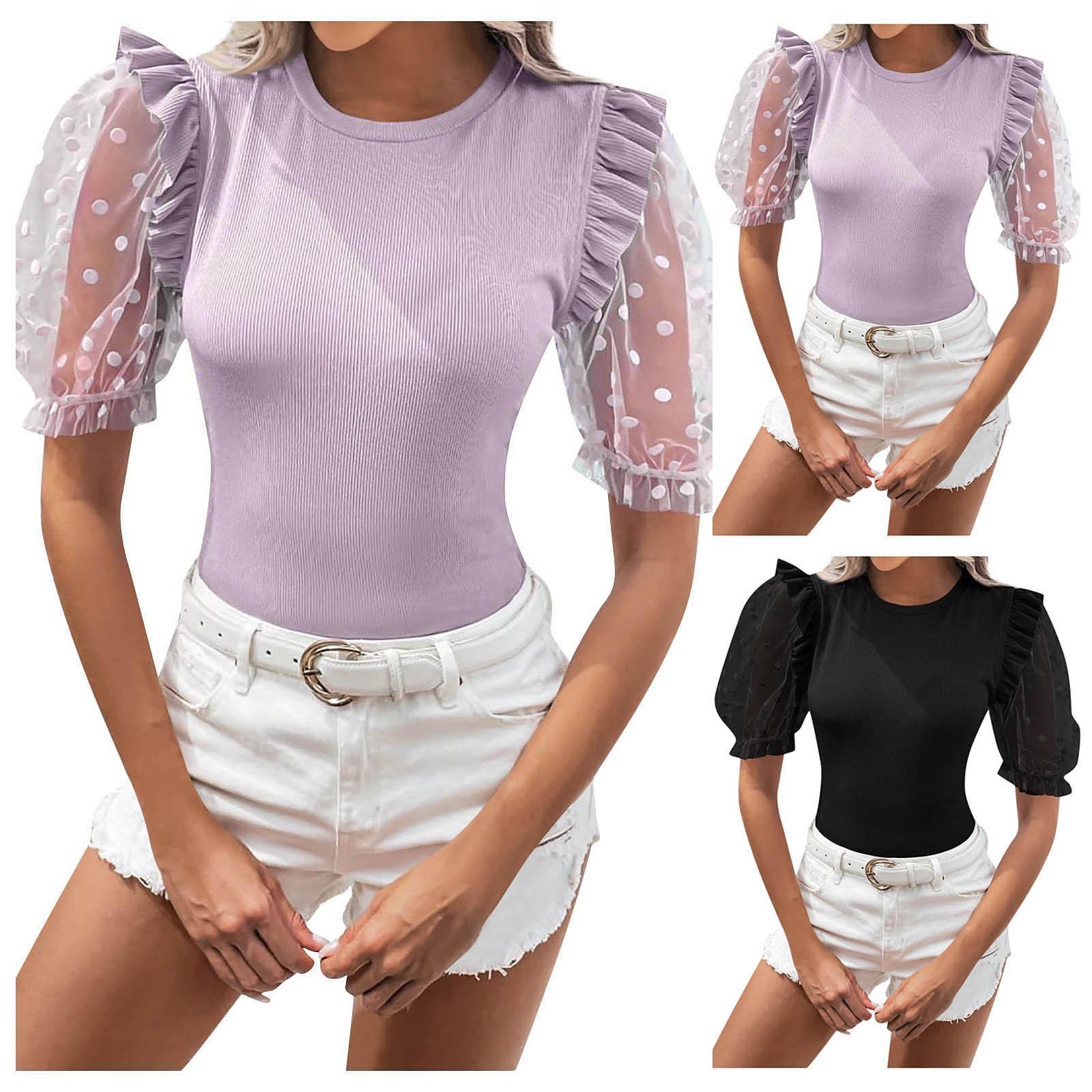 

(Куниде) Летние женские повседневные топы с круглым вырезом в сетку в горошек и свободными манжетами с короткими рукавами