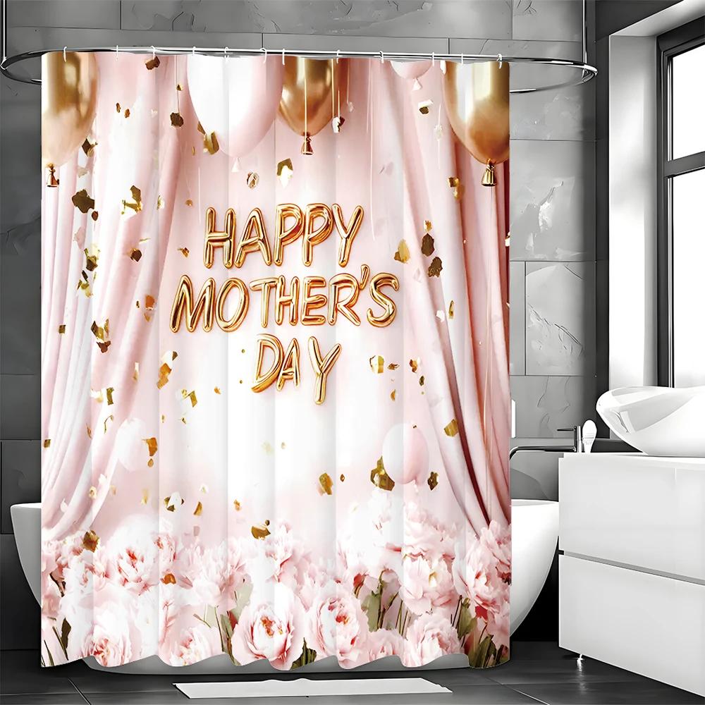 

Happy Mother S Day Pink Floral Ribbon Curtain Shower Curtain, Bathroom Decorative Shower Curtain, Waterproof Shower Curtain With W60H190(CM)-1 Pcs