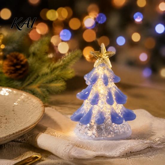 Tabletop Holiday Decor Handmade Glass Christmas Tree Lighted Figurine, Mini Luminous Xmas Small Art Gift Night Light, Decoration Crystal Figurine