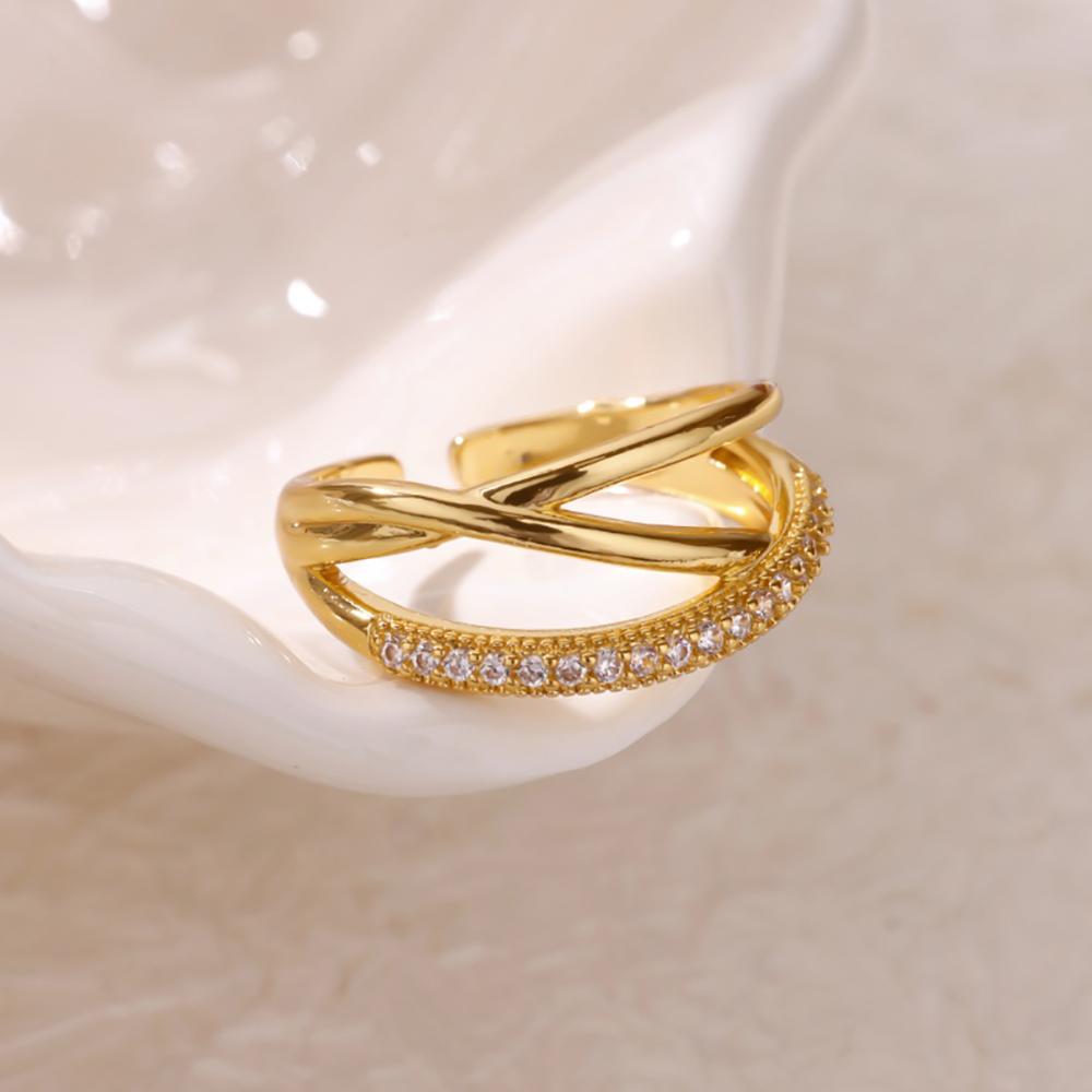 Zircon Chain Cross Rings For Women Vintage Gold Color Stainless Steel Geometric Open Ring Fashion Wedding Aesthetic Jewelry Gift