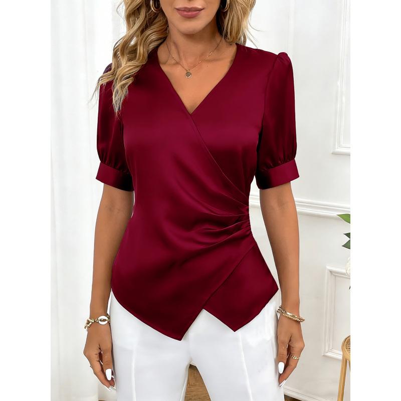 Womens Solid Color V Neck Cross Ruched Puff Short Sleeve Blouse S красный