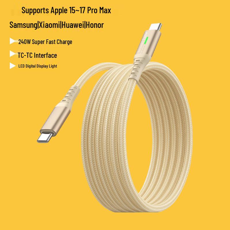 240W Dual USB-C Fast Charging Cable with LED Light for Apple, Android, Huawei Devices.