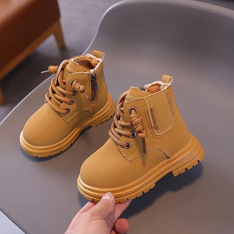 Kids Boots for Boys Simple Thick Bottom Girls Causal Ankle Boots Fashion Round-toe Versatile Children's Leather Boots Non-slip
