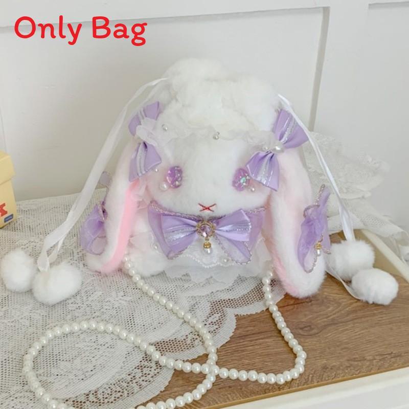 Japanese Lolita Bunny Plush Bag With Pearl Chain For Daily Fashion And Cute Storage