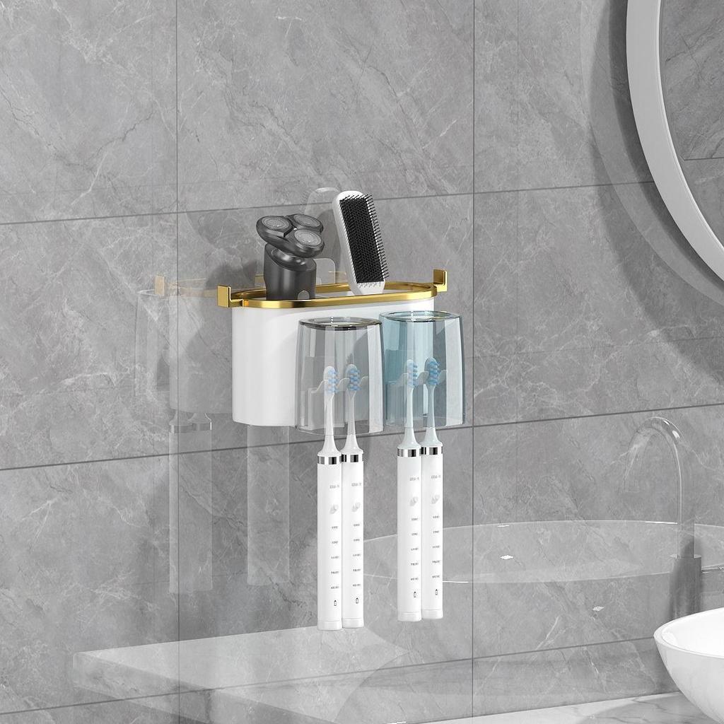 Gold-Plated Wall-Mounted Toothbrush & Mouthwash Holder Set, Punch-Free Installation