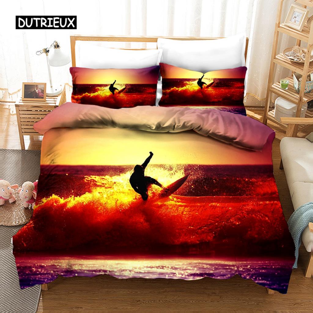 Surfing Duvet Cover Set Surfboards Youth Ocean Sport Theme Bedding Set For Teens Polyester Waves Surfing Ocean Queen Quilt Cover