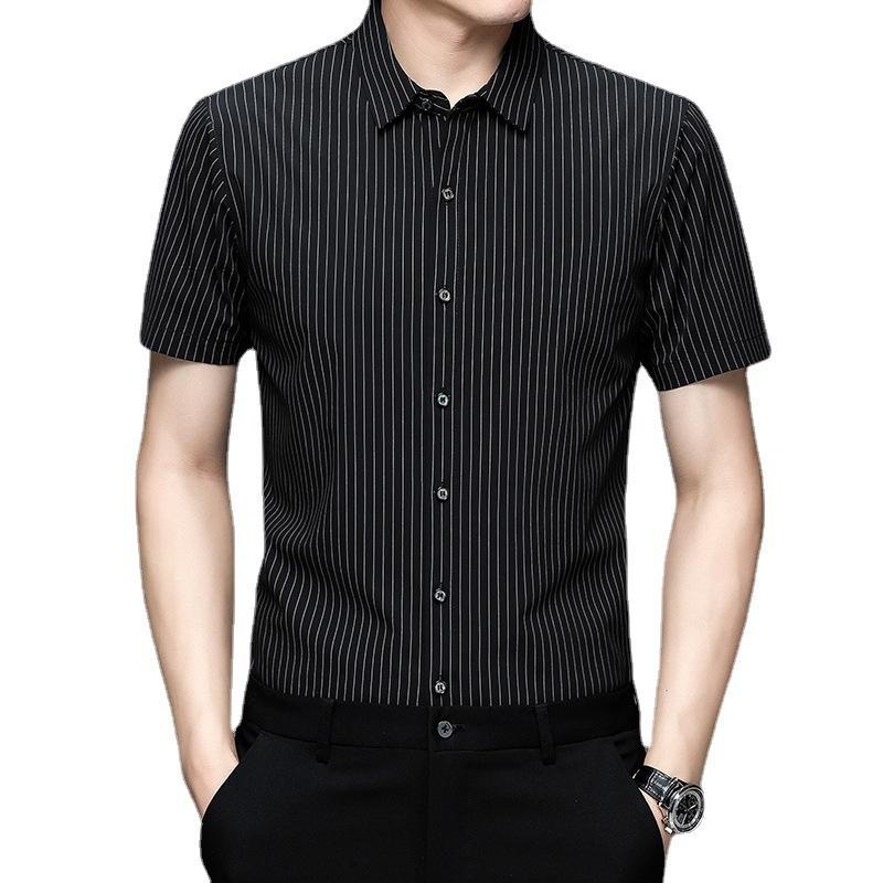 Summer Bamboo Fiber Short-sleeved Shirt Men's Business Casual Vertical Striped Ice Silk Half-sleeved Shirt Men's Clothing