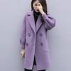 Petite Women's Mid-Length Lantern Sleeve Black Wool Coat - 2025 Korean Style for Autumn and Spring