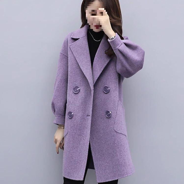 Petite Women's Mid-Length Lantern Sleeve Black Wool Coat - 2025 Korean Style for Autumn and Spring