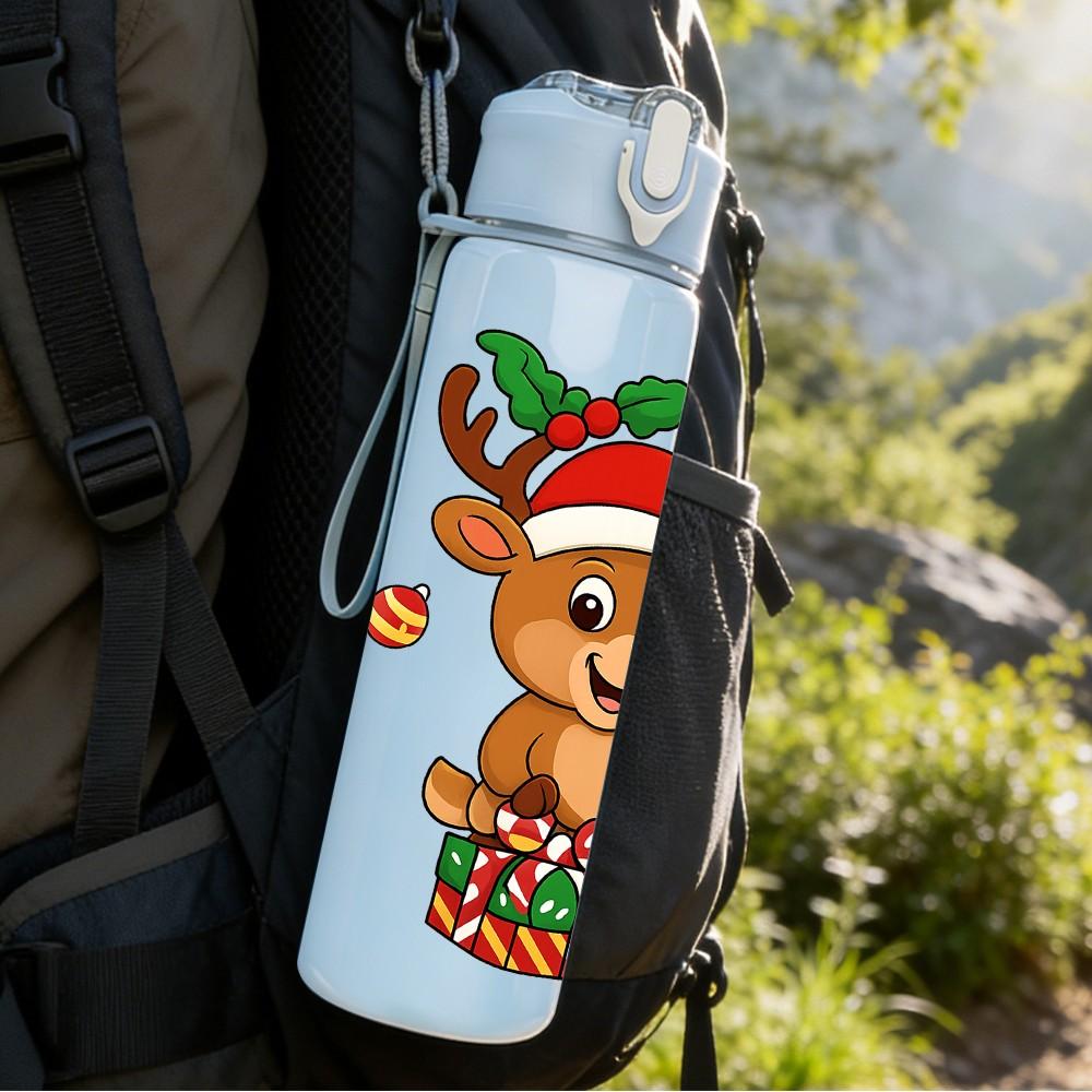 1PC Reindeer Santa Hat Christmas Pattern 750ml Color Plastic Sports Water Bottle Leakproof Flip Straw Lid Suitable for Sports Office Home Use
