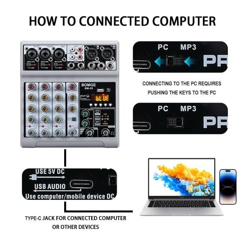 BOMGE Audio Mixer, 5-Channel Digital USB Bluetooth Soundboard Mixing Console with Echo Delay Effects, 48V Phantom Power Stereo DJ Mixer for Recording,